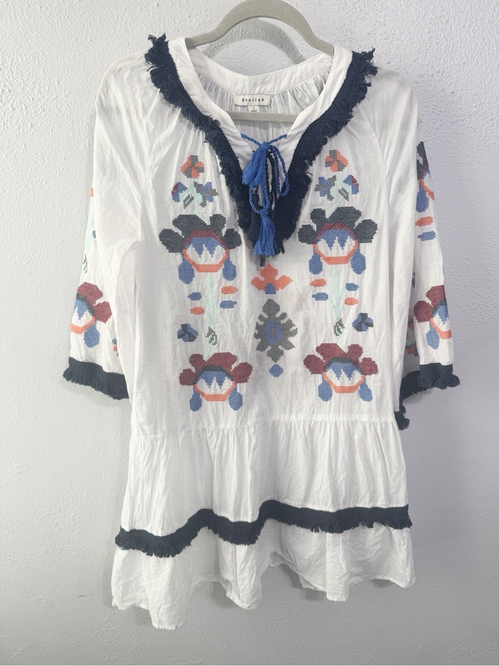 Stellah White Embroidered Tunic with Navy Fringe and Blue Tassel small boho